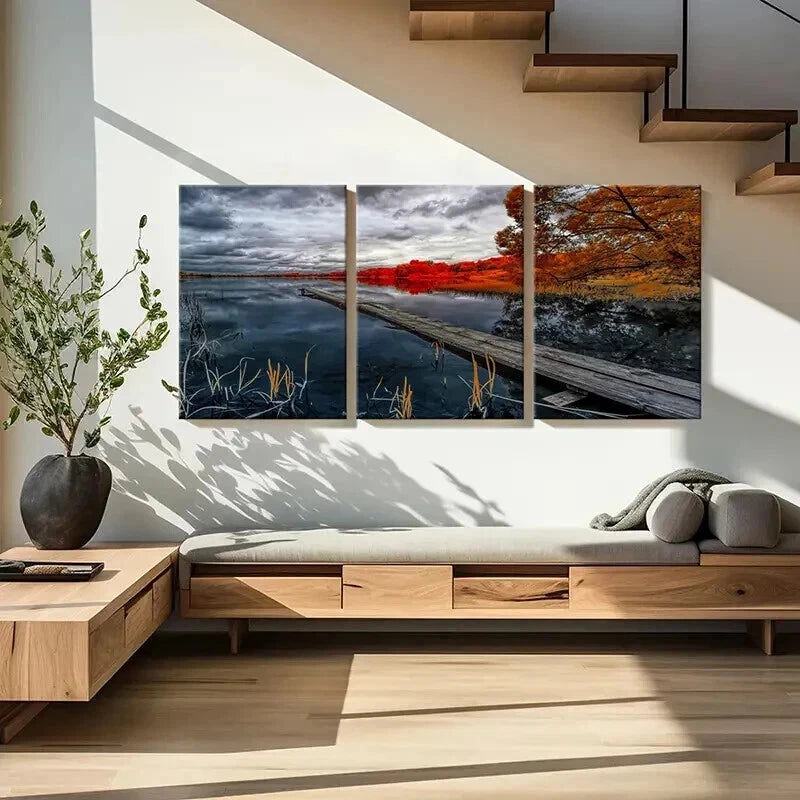 3pcs Natural Autumn Modern Pier Bridge Wall Art Set Canvas Framed 40x60cm - High Quality Print 100% Australian Made Wall Canvas Ready to Hang