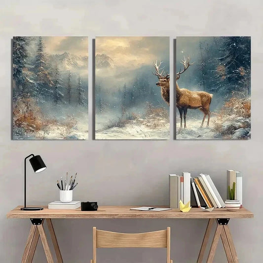 3pcs Seasonal Decoration Deer Winter Forest Wall Art Set Canvas Framed 40x60cm - High Quality Print 100% Australian Made Wall Canvas Ready to Hang