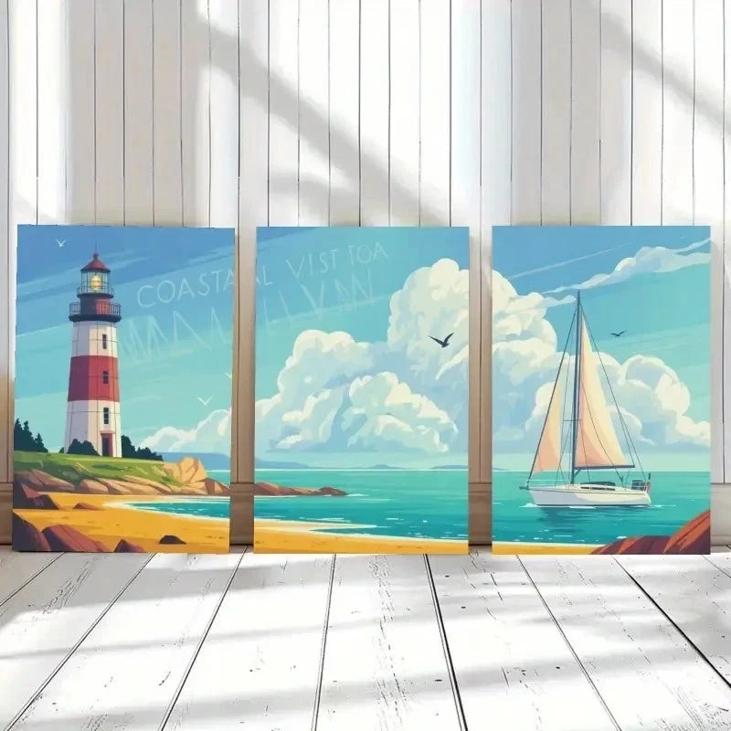 3pcs Blue Sky, Seagulls, Sandy Beach Wall Art Set Canvas Framed 40x60cm - High Quality Print 100% Australian Made Wall Canvas Ready to Hang