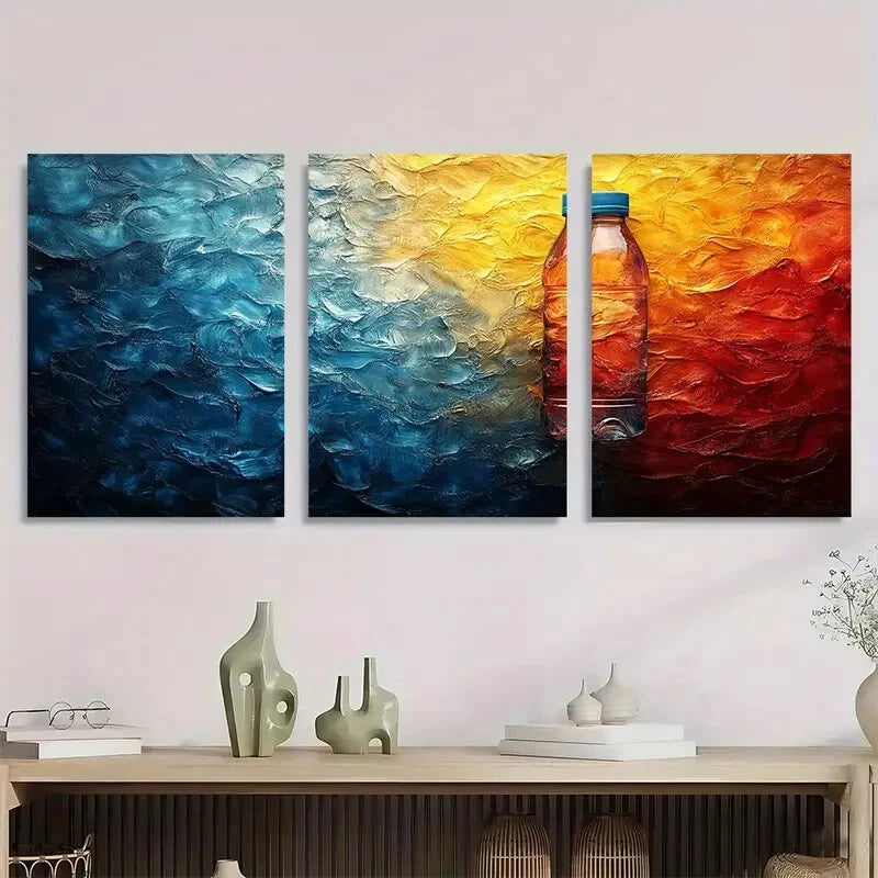 3pcsColored Water Bottle Red Blue Yellow Metal Print Ready to Hang Art