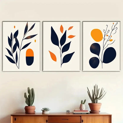 3pcs Deep Blue and Orange Plant Shapes Metal Print Ready to Hang Art
