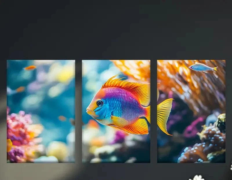3pcs Tropical Fish in Coral Reef Triptych Metal Print Ready to Hang Art