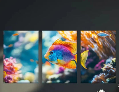 3pcs Tropical Fish in Coral Reef Triptych Metal Print Ready to Hang Art