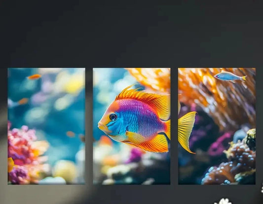 3pcs Tropical Fish in Coral Reef Triptych Metal Print Ready to Hang Art