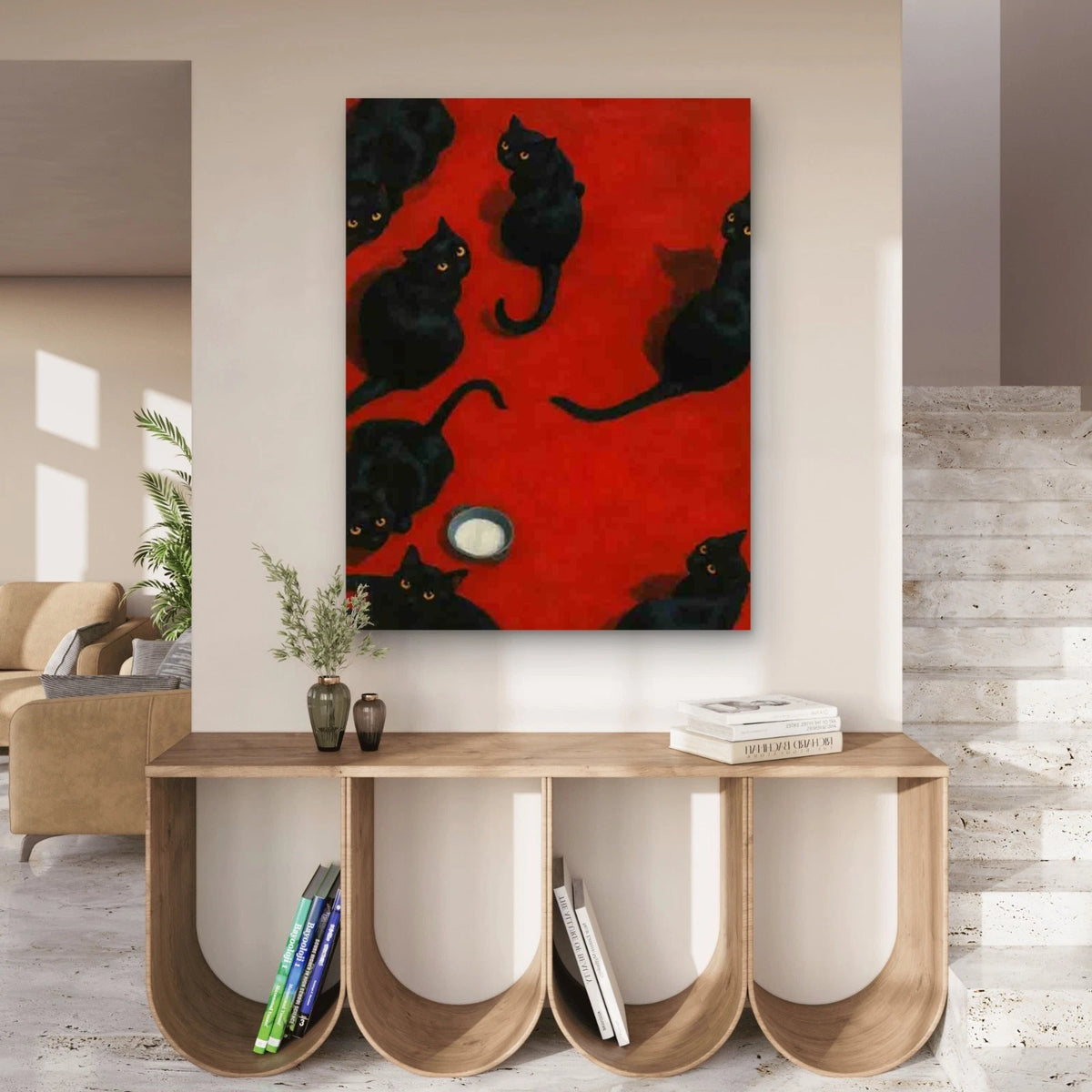 Black Cats Red Background 60x90cm Metal Print Ready to Hang