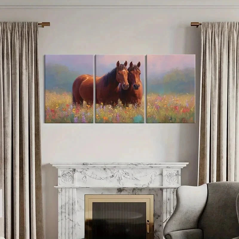 3pcs Artistic Horses In Floral Field Rustic Metal Print Ready to Hang Art