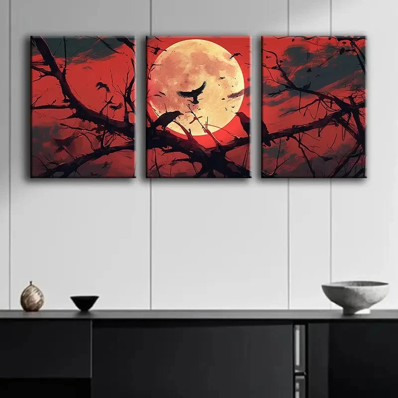 3pcs Set of Crows & Scarlet Moon Silhouettes Metal Print Ready to Hang Art