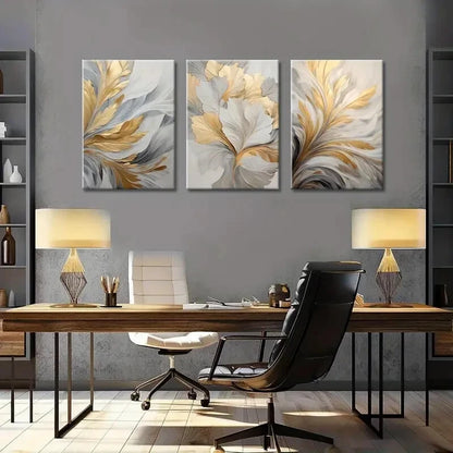 3pcs Modern Abstract Golden & White Metal Print Ready to Hang Art