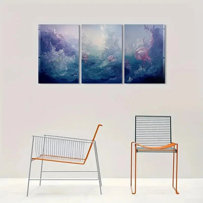 3pcs Jellyfish Dance Blue Oceanic Serenity Metal Print Ready to Hang Art