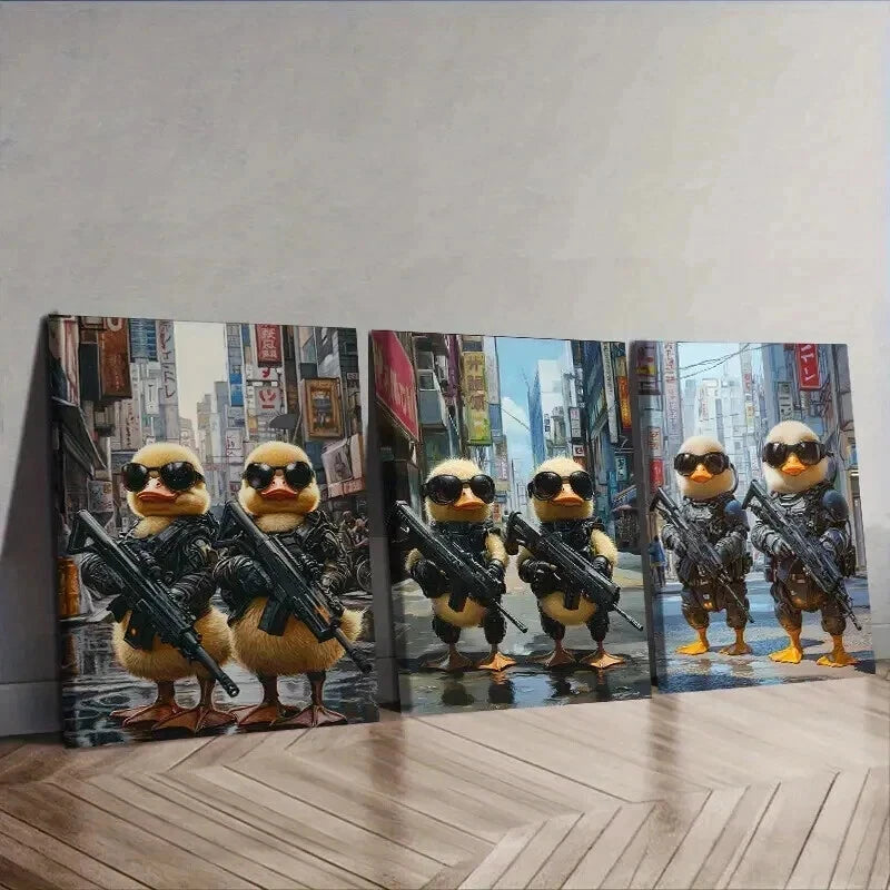 3pcs Two cute baby ducks in cyberpunk armor Wall Art Set Canvas Framed 50x70cm - High Quality Print 100% Australian Made Wall Canvas Ready to Hang