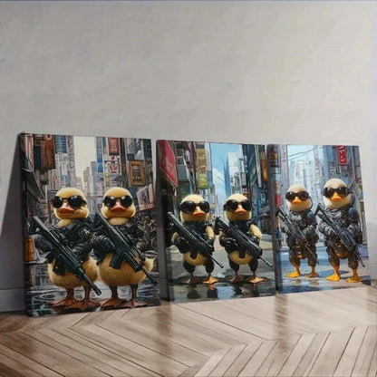 3pcs Two cute baby ducks in cyberpunk armor Wall Art Set Canvas Framed 50x70cm - High Quality Print 100% Australian Made Wall Canvas Ready to Hang