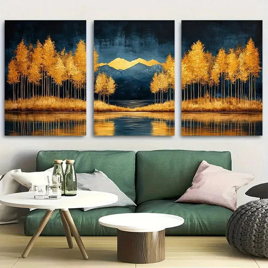 3pcs Vibrant Golden Trees Forest Nature Design Metal Print Ready to Hang Art