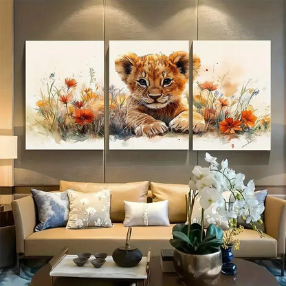 3pcs Lion Cub Playing in Wildflowers Design Metal Print Ready to Hang Art