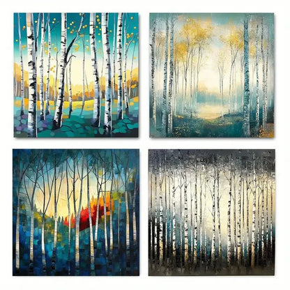 4pcs Foliage Birch Forest Wall Art Canvas Framed