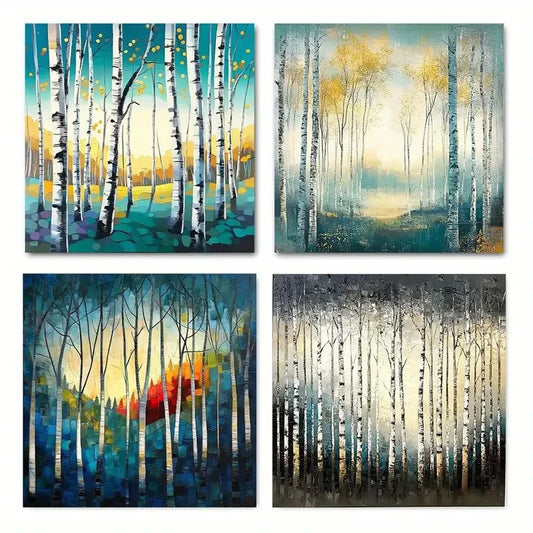4pcs Foliage Birch Forest Wall Art Canvas Framed