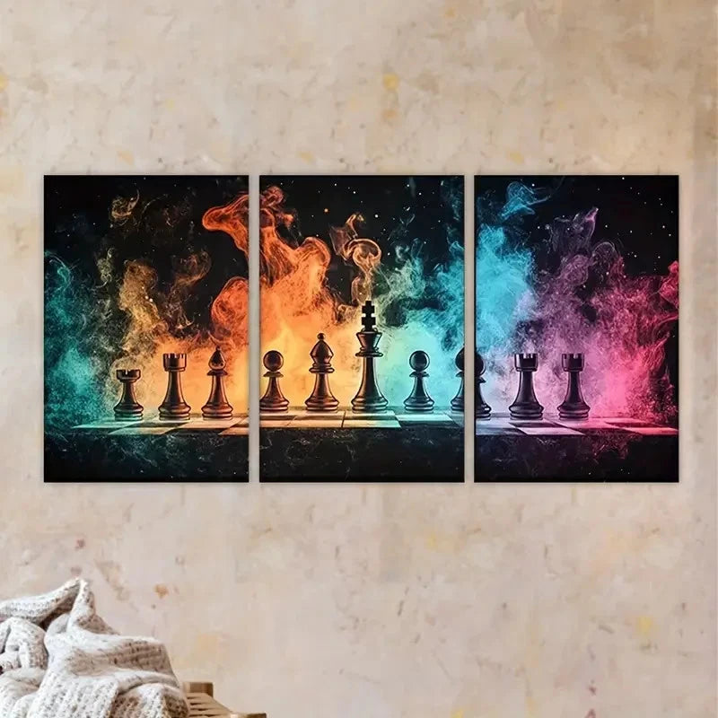 3pcs chess game with fire burning Wall Art Set Canvas Framed 40x60cm - High Quality Print 100% Australian Made Wall Canvas Ready to Hang