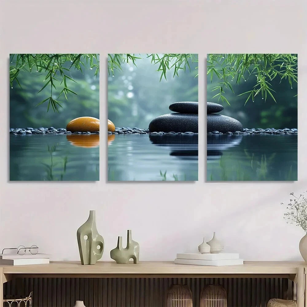 3pcs Zen Bamboo and Stone Calming Nature Metal Print Ready to Hang Art