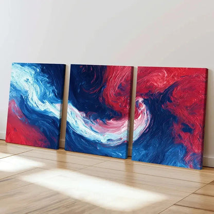 3pcs Abstract Art, Red Blue White Waves  Wall Art Set Canvas Framed 60x90cm - High Quality Print 100% Australian Made Wall Canvas Ready to Hang