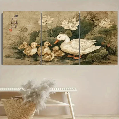 3pcs Vintage Japanese Duck and Ducklings  Wall Art Set Canvas Unframed - High Quality Print 100% Australian Made Wall Canvas