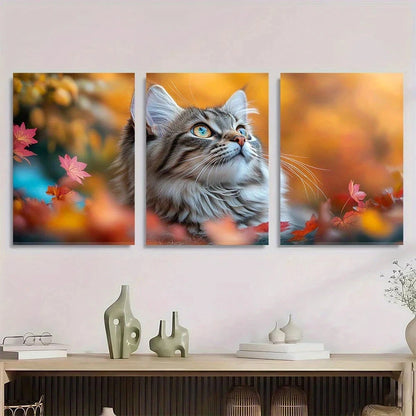 3pcs Vibrant Autumn Gray & White Cat Colorful Metal Print Ready to Hang Art