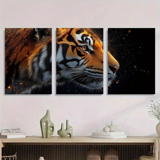 3pcs Vibrant Orange & Black Striped Design Tiger Metal Print Ready to Hang Art