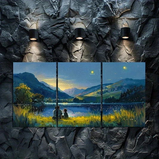 3pcs Oil Painting Style Landscape with Couple Metal Print Ready to Hang Art