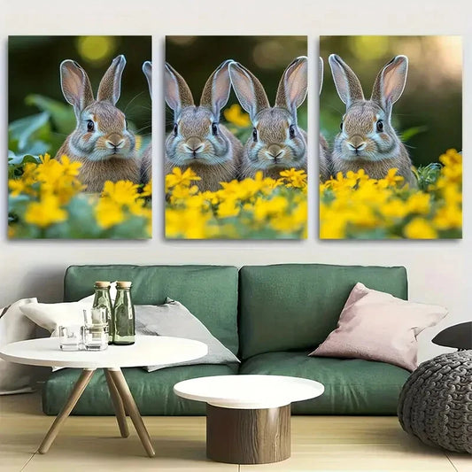 3pcs Adorable Rabbit Quartet in Yellow Wildflowers Metal Print Ready to Hang Art