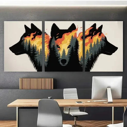 3pcs Wolf, Burning Forest Wall Art Canvas Unframed - High Quality Print 100% Australian Made Wall Canvas