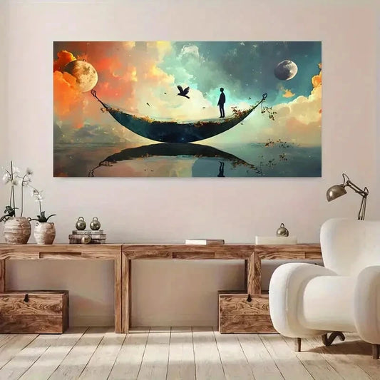 Swing Scene Planets Stars wall canvas office home room framed 120x60cm - Bella Home Decor