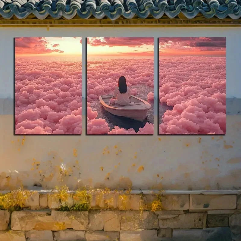 3pcs Vibrant Serene Boat on Clouds Design Metal Print Ready to Hang Art