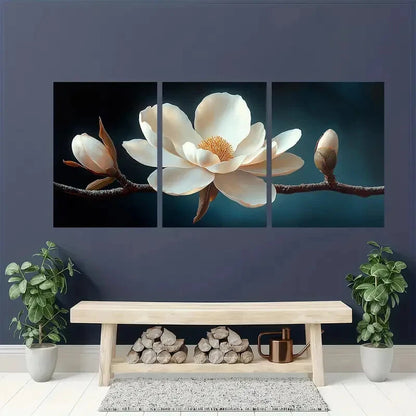 3pcs Elegant White Magnolia Flower Serene Floral Metal Print Ready to Hang Art