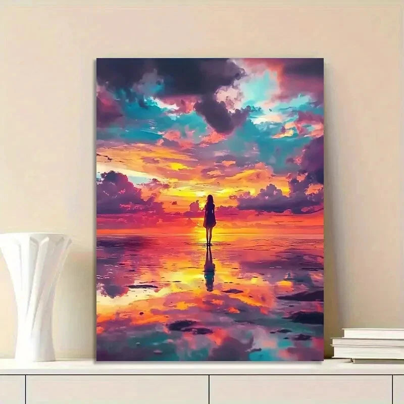 Girl Stands on The Beach, with Colorful Clouds Sky 40x60cm Metal Print Ready to Hang