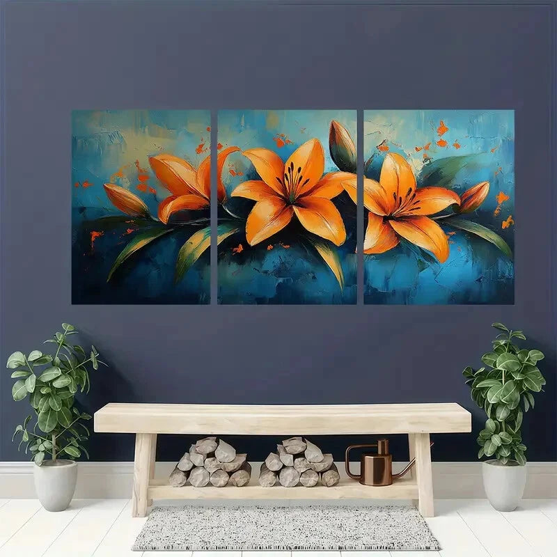 3pcs Lily Flower Oil Painting Abstract Original Metal Print Ready to Hang Art