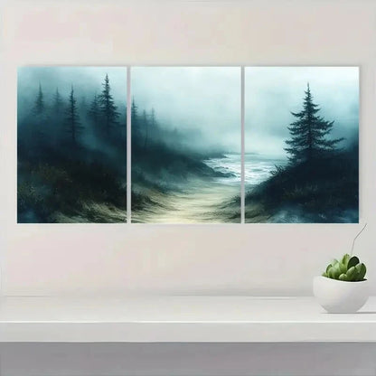 3pcs Misty Foggy Beach Abstract Seascape Metal Print Ready to Hang Art