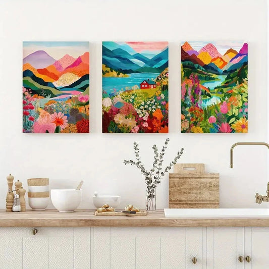 3pcs Abstract Mountain & Floral Landscape Metal Print Ready to Hang Art