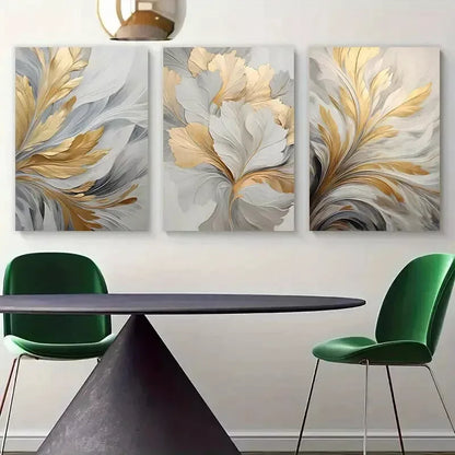 3pcs Golden and White leaf Abstract Canvas Framed 40x60cm - High Quality Print 100% Australian Made Wall Canvas Ready to Hang