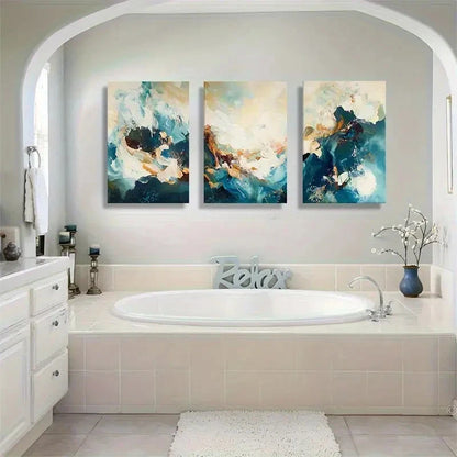 3pcs Abstract Blue and Golden Wave Painting Metal Print Ready to Hang Art