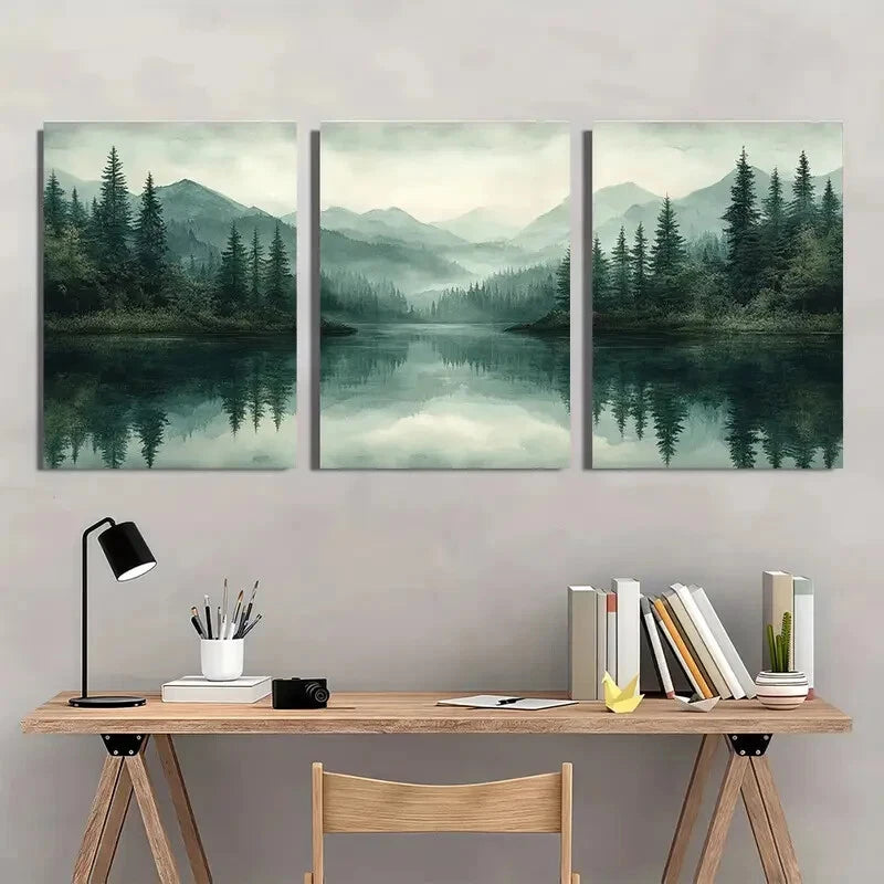 3pcs Abstract Green Forest Lake Nature Art Metal Print Ready to Hang Art