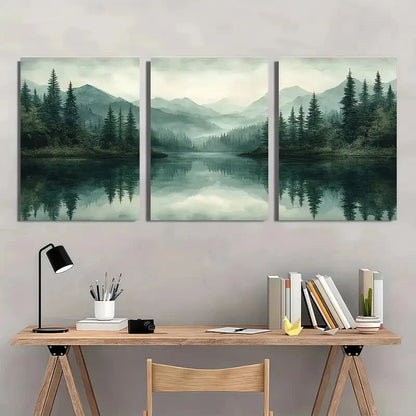 3pcs Abstract Green Forest Lake Nature Art Metal Print Ready to Hang Art