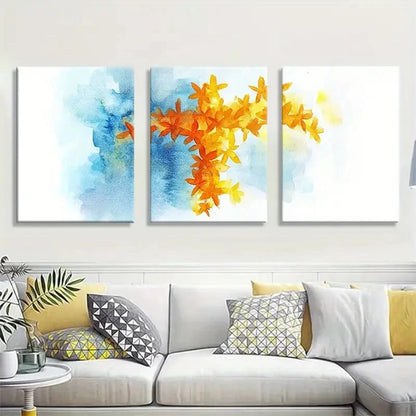 3pcs Orange &BlueModern Abstract Watercolor Floral Metal Print Ready to Hang Art