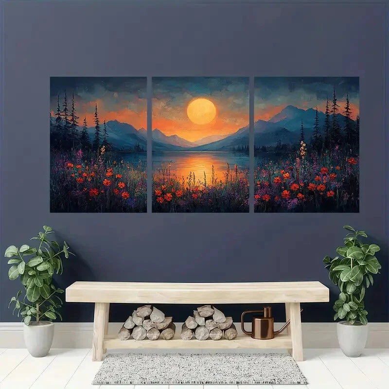 3pcs Moonlit Meadow Wildflower Paintings Metal Print Ready to Hang Art