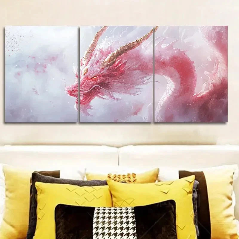 3pcs Colorful Dragon Pink Color Scheme Wall Art Set Canvas Framed 40x60cm - High Quality Print 100% Australian Made Wall Canvas Ready to Hang