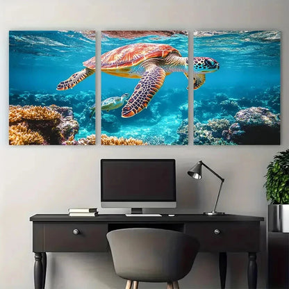 3pcs Tropical Seascape with Turtle Swimming Reef Metal Print Ready to Hang Art
