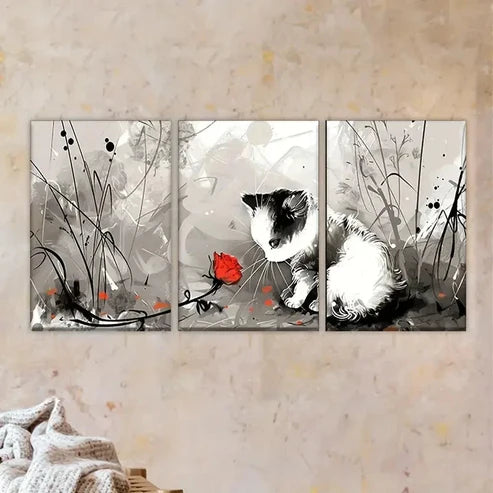 3pcs Whimsical Cat with Red Flower Wall Art Set Canvas Unframed - High Quality Print 100% Australian Made Wall Canvas