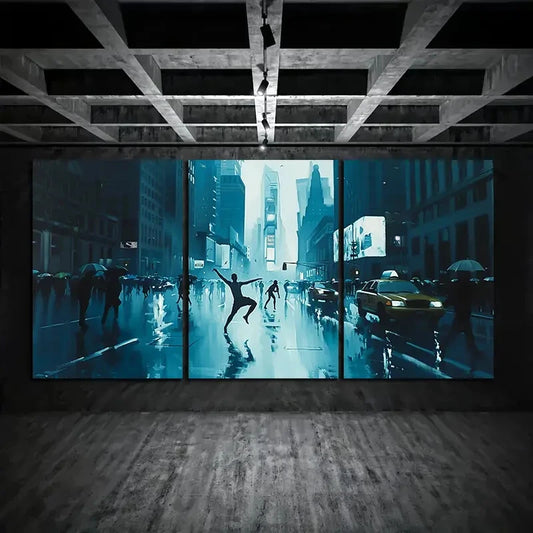 3pcs Urban Dance Rainy Cityscape Metal Print Ready to Hang Art
