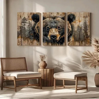 3pcs Rustic Bear in Forest Canvas Wall Art Canvas Unframed - High Quality Print 100% Australian Made Wall Canvas