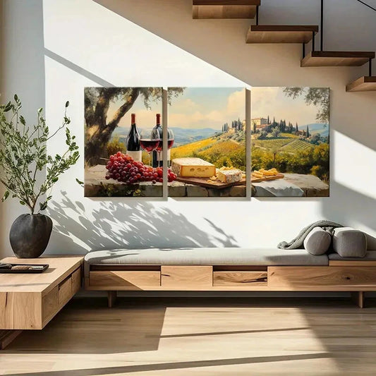 3pcs Tuscany Landscape Wine And Cheese Metal Print Ready to Hang Art
