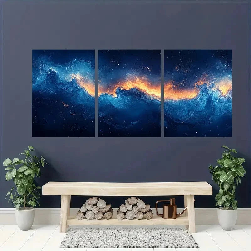 3pcs Modern Abstract Aqua Blue Print Metal Print Ready to Hang Art