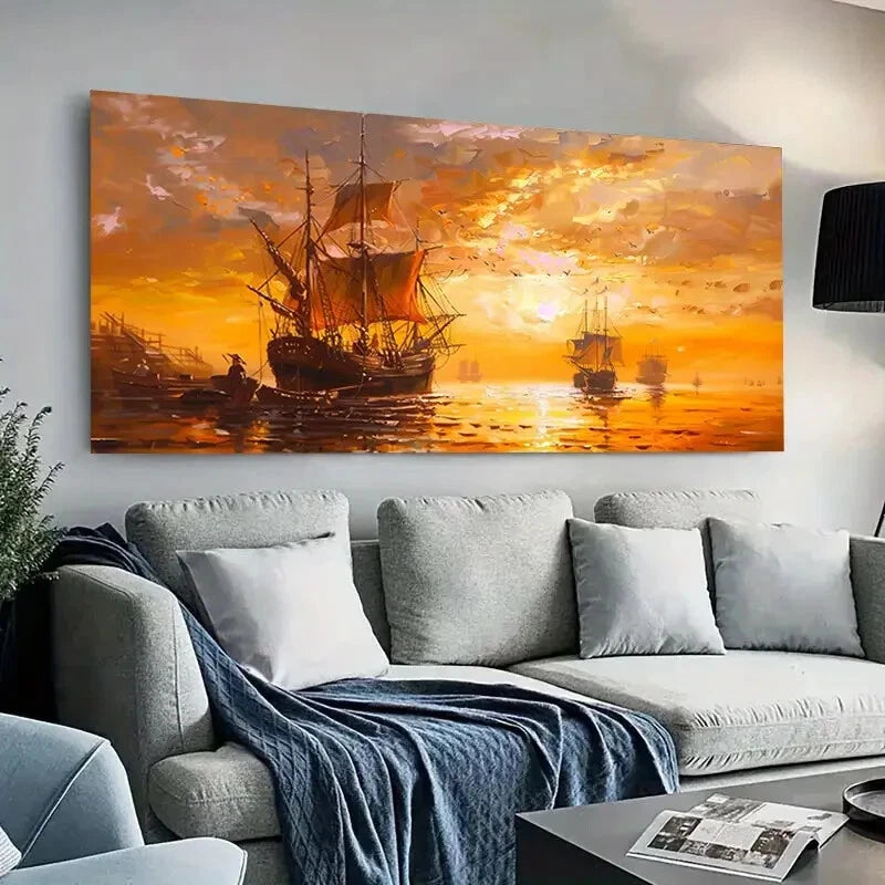 Boat,Fisherman & Sea View wall canvas office home room framed 120x60cm