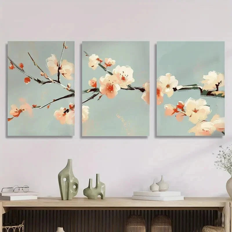 3pcs Paintings of Flowers And Wintersweet Branch Metal Print Ready to Hang Art